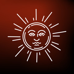 Sun face icon. Sun face sign. Sun face symbol. Thin line icon on red background. Vector illustration.