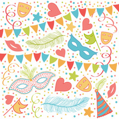 Carnival Festive background with Masks, Heart Shapes, Ribbons, COnfetti, Hats, Feathers, Stars and more.