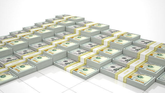 Growing box of 100 USD bill stacks