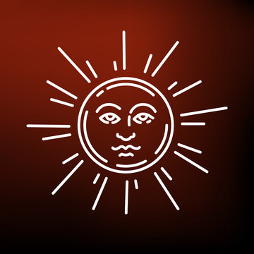 Sun face icon. Sun face sign. Sun face symbol. Thin line icon on red background. Vector illustration.