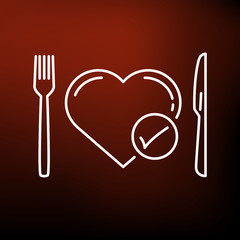 Concept eat healthy icon. Conceptual healthy diet sign. Conceptual healthy heart symbol. Thin line icon on red background. Vector illustration.