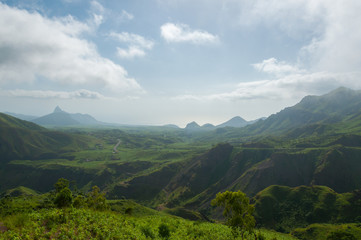 Green valley mountain hill with mist and fog cloud on cape verde island