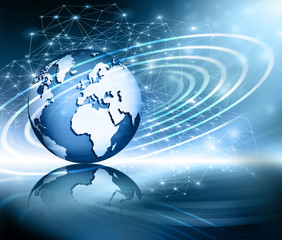 Best Internet Concept of global business. Globe, glowing lines on technological background. Electronics, Wi-Fi, rays, symbols Internet, television, mobile and satellite communications