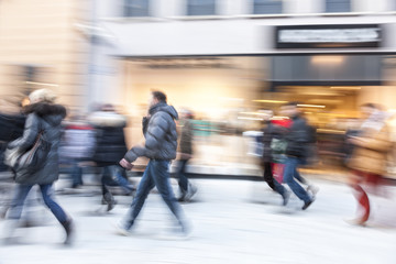 Happy shopping, shopping spree in city, people walking, motion b