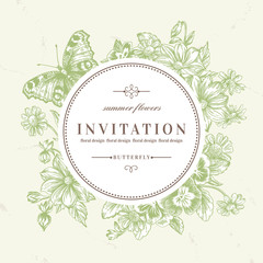 Round frame with flowers and butterfly.