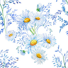 seamless pattern, flowers, watercolor, flower, camomile - obrazy, fototapety, plakaty