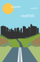 Vector Retro Road With Mountain and city