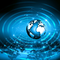 Best Internet Concept of global business. Globe, glowing lines on technological background. Electronics, Wi-Fi, rays, symbols Internet, television, mobile and satellite communications