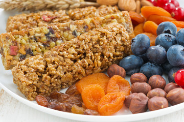 cereal muesli bars, fresh and dried fruit on a white plate