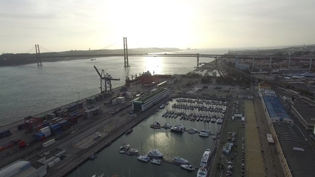 Aerial View of a Port and 25th of April Bridge in Lisbon, Portugal
