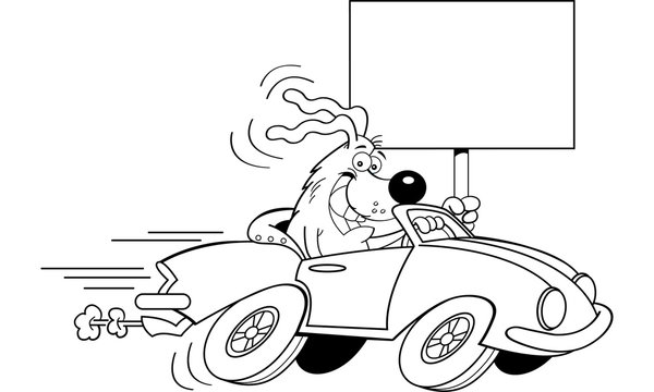 Black and white illustration of a dog driving a car and holding a sign.