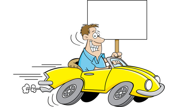 Cartoon illustration of a man driving a car and holding a sign.