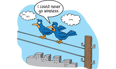 Cartoon of two birds talking on a telephone wire.