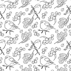 Bullfinches and rowan. Winter pattern. Vector seamless pattern (background).