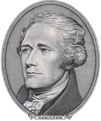 Alexander Hamilton face on ten dollar bill isolated, 10 usd, united states money closeup - obrazy, fototapety, plakaty