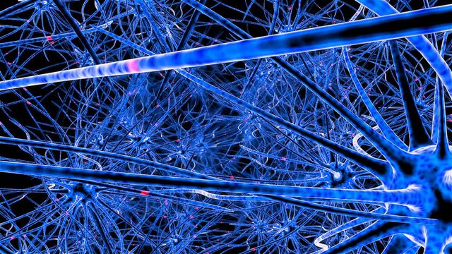 Neuron network. Neuron structure sending electric impulses and communicating with each other. 3D animation