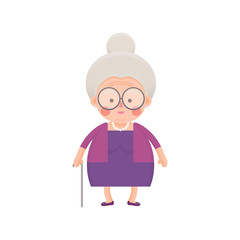 Vector Illustration of Old Woman in Purple Dress with Walking Stick 