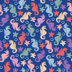 Seamless pattern cute seahorses.