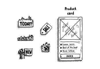 Hand drawing sign set for shop on white background. Vector illustration.