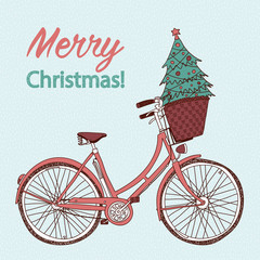 hand drawn vector lady's city bike with basket and christmas tre
