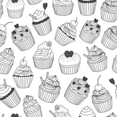 hand drawn vector seamless pattern with cupcakes