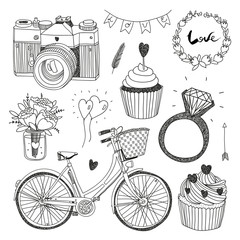 hand drawn vector set with various items - obrazy, fototapety, plakaty