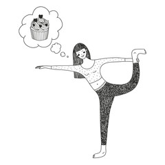 vector hand drawn illustration with a cute girl doing yoga and t