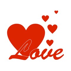 Red Valentine's greeting with red lettering love the big red heart with four small hearts flying upwards on a white background