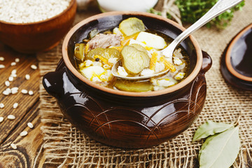 Soup with pickles and barley