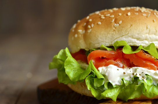 Healthy burger with salted salmon and cream cheese.