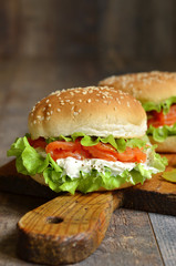 Healthy burger with salted salmon and cream cheese.