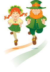Obraz na płótnie Canvas Irish leprechauns wearing the colors of the Irish flag and dancing a jig