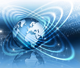 Best Internet Concept of global business. Globe, glowing lines on technological background. Electronics, Wi-Fi, rays, symbols Internet, television, mobile and satellite communications