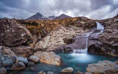 The Scottish highlands on a cloudy day at river Sligachan - Isle of Skye, Scotland, UK
