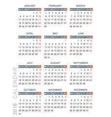 Calendar for 2016. Week Starts Monday.