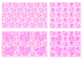 Set backgrounds Valentines Day. Hearts and gifts on pink background