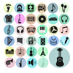 Music set vector icons. Musical instruments. Symbols.