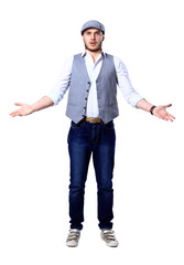 Naklejka premium Excited handsome man with arms raised in success - Isolated on white