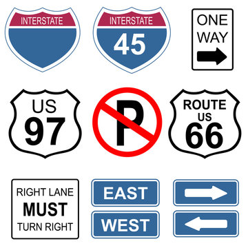 Set of road and highway signs. USA. Road symbols. Vector icon.