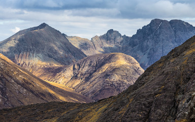 The Scottish Highlands. Detailed photo of the Cuillin mountains on a cloudy day - Isle of Skye, Scotland, UK
