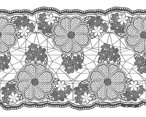 Seamless lace tape. Grid and floral elements isolated on white background.