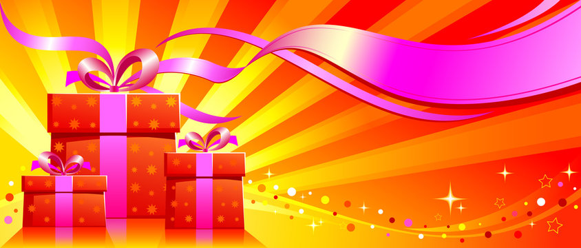 Festive Background With Presents On Red Shining Background