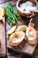 Fresh bread cottage cheese and smoked salmon with dill