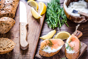 Healthy brunch smoked salmon with cottage cheese