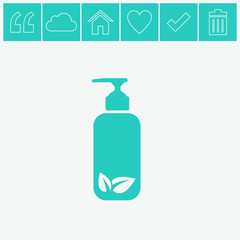 Shower Gel, Liquid Soap, Lotion, Cream, Shampoo, Bath Foam. Vector icon with bio symbol.
