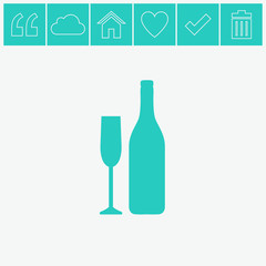 A bottle of champagne and a glass vector icon.