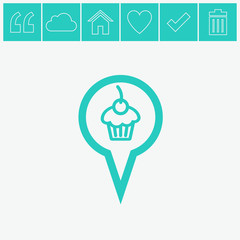 Map pointers with cake vector icon. Muffin sign icon. Cupcake symbol.