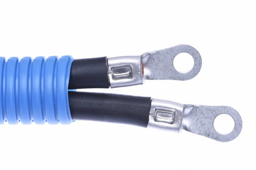 Copper high voltage electric power cables with connectors isolated on white background