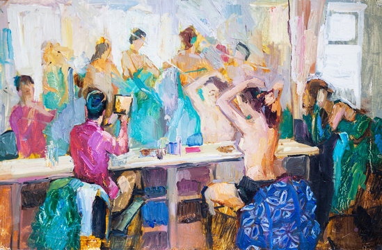 oil painting, dancer, actress in the dressing room