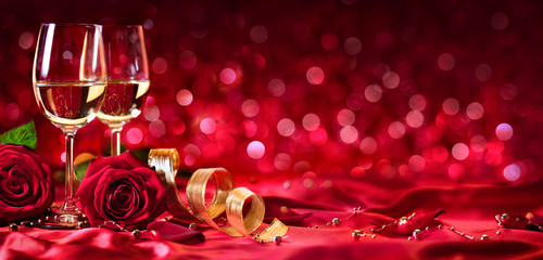 Romantic Celebration Of Valentine's Day - With Wine And Roses
